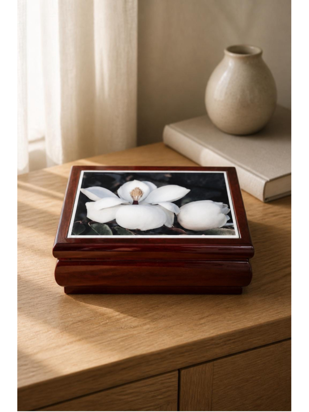 Vintage Wooden Jewelry Box Floral Design Music Box